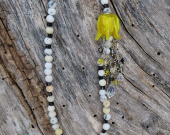 Glass Tulip Focal Bead Long Necklace with Black Square Crystal Beads