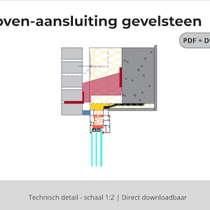 Op de afbeelding: Architectonische tekening van een muursectie, getiteld "Boven-aansluiting gevelsteen". De tekening bevat een bakstenen muur, isolatie en andere constructie-elementen. De tekst onderaan luidt "Technisch detail - schaal 1:2 | Direct downloadbaar".