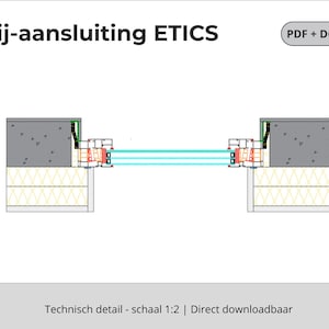 May include: A technical architectural diagram with the text "Zij-aansluiting ETICS" and "PDF + DGW". The diagram shows a cross-section of a building element, with layers of materials and insulation. The scale is 1:2.