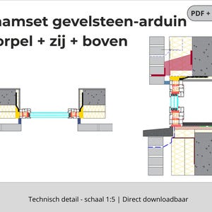 May include: Architectural diagram of a window frame assembly, labeled "Raamset gevelsteen-arduin Dorpel + zij + boven." The diagram shows cross-sectional views with detailed construction elements, including insulation and structural components. Text includes "PDF + DGW."