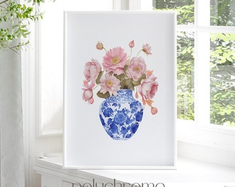 Daisies in Chinoiserie, Cottagecore Grandmillennial Hamptons Style Pink Flower Bouquet in Blue and White China | Paper prints 5x7 - 24x36 in