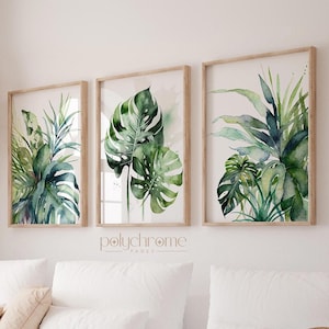 Set of Three Tropical Leaf Watercolor Paintings, Living room plant poster, Tropical Plants Painting of Monstera 3 piece wall art | Printable