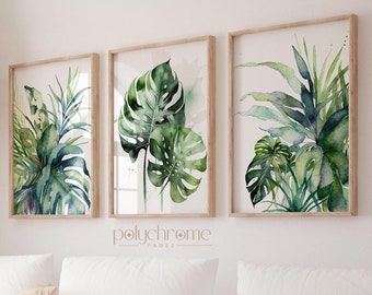 Set of Three Tropical Leaf Watercolor Paintings, Living room plant poster, Tropical Plants Painting of Monstera 3 piece wall art | Printable