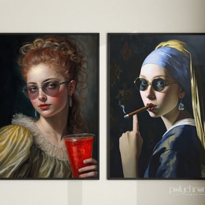 絵画の面白い現代的リメイク、バーカートアートの最大限の装飾、真珠の耳飾りの少女フェルメールとルーベンス、2枚セット、デジタルプリント