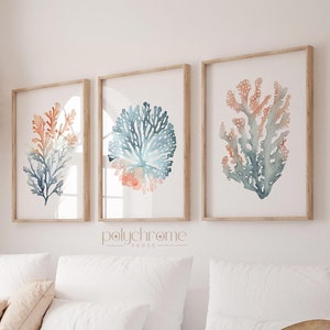 Corals and Seaweeds Beachy Decor, Tranquil Blue & Peach Hamptons Inspired Marine Flora Wall Art | Paper print sizes 5x7 - 24x36 in