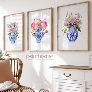 Roses, Tulips, Lilies in Chinoiserie, Hamptons Style Pink Flower Bouquets in Blue and White China | Paper prints 5x7 - 24x36 in