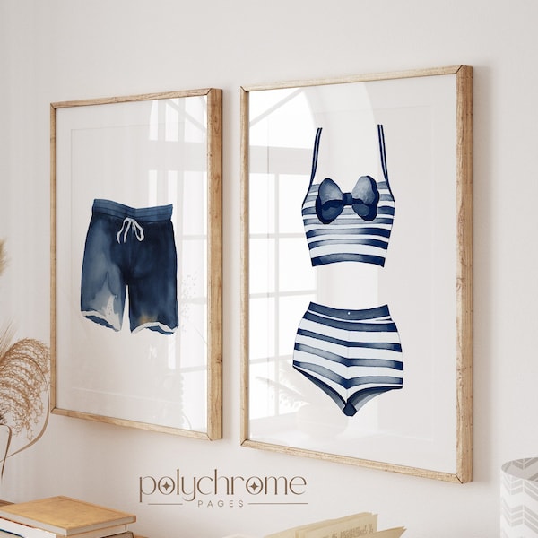 Blue and White Painted Swimsuits Lake House Art, Hale Navy Wall Art, Laundry Room Decor | Paper Print Wall Art sizes 5x7 - 24x36 in