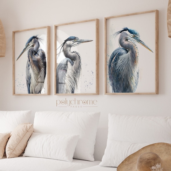 Great blue heron - white crane bird lover gifts, beachy bedroom, baby nursery decor wall art | Paper print sized: 5x7 - 24x36 in