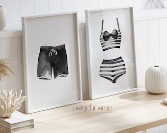 Black and White Painted Swimsuits Lake House Art, Laundry Room Decor | Paper Print Wall Art sizes 5x7 - 24x36 in