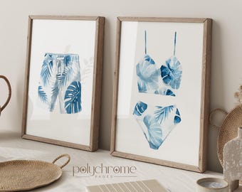 Blue Swimsuit and Shorts with Tropical Leaves Pattern - Summer Coastal Bathroom Art | Paper Print 5x7 - 24x36 in