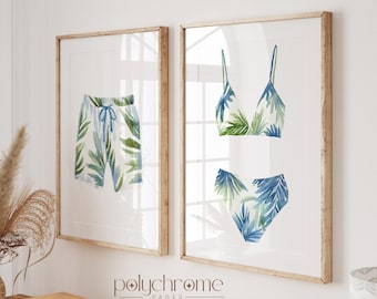 Green and Blue Tropical Swimsuit and Trunks for Coastal Laundry Room, Lake House Pool Bathroom Art | Paper Print 5x7 - 24x36 in