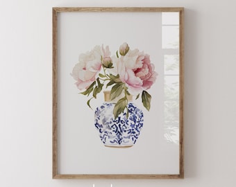 Flowers in chinoiserie watercolor wall art, peonies in blue and white coastal Hamptons art print | Paper print sizes 5x7 - 24x36 in