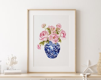 Flowers in chinoiserie watercolor wall art, peonies in blue and white chinoiserie art print, chinoiserie peony fine art print