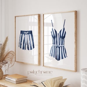 Striped Blue and White Painted Swimsuits Lake House Art, Hale Navy Wall Art, Laundry Room Decor | Paper Print Wall Art sizes 5x7 - 24x36 in