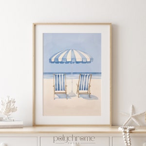 Beach Umbrella and Chairs Picture, Beach House Decor Seascape Painting, Ocean Blue Summer Coastal Decor | Paper print size 5x7 - 24x36 in