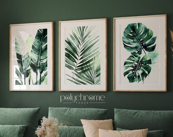 Tropical Plants in Watercolor, Set of Three, Watercolor Paintings of Exotic Leaves, Minimalist Modern Art, Large Illustration, Digital Print