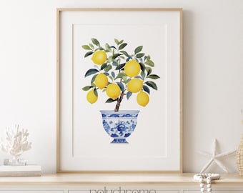 Lemon Tree Painting, Amalfi Italy Coast Chinoiserie Vase Coastal Kitchen Watercolor Wall Art | Paper print sizes 5x7 - 24x36 in