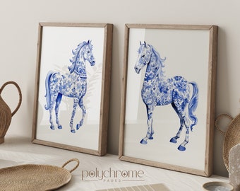 Equestrian Horse Chinoiserie Figurine, Hamptons Style Grandmillennial Blue and White China Wall Art | Paper prints 5x7 - 24x36 in