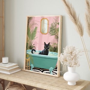 Black Cat in Bathtub Bathroom Decor Art, Funny Cat Painting, Maximalist Decor Gifts for Cat Lovers | Paper print sizes 5x7 - 24x36in