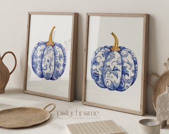 Chinoiserie Pumpkin Art, Hamptons Style Autumn Aestetic Fall Paintings, Cottagecore Blue and White China | Paper Print Sizes 5x7 - 24x36 in