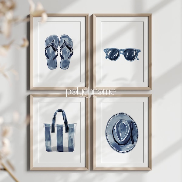 Flip flops, sunglasses, tote beach bag and sun hat, beach vacation home art. Navy blue pool bathroom decor idea | Paper prints 5x7 - 24x36in