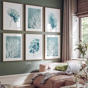 Ocean Painting Set of Sea Fan Coral and Seaweed, Teal Watercolor Coral Reef Drawing, Beach House Decor | Paper Print 5x7 - 24x36 in