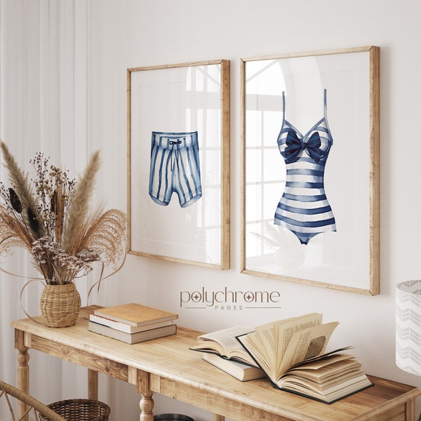 Striped Painted Swimsuits, Vintage Summer Painting, White and Blue Wall Art, Lake House Decor Art | Paper Print Sizes 5x7 - 24x36 in