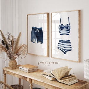 Blue and White Painted Swimsuits Lake House Art, Hale Navy Wall Art, Laundry Room Decor | Paper Print Wall Art sizes 5x7 - 24x36 in