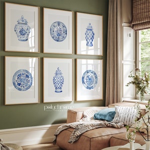 Chinoiserie Plates and Ginger Jars, Hamptons Style Blue and White China Traditional Home Decor Art | Paper print size 5x7 - 24x36 in
