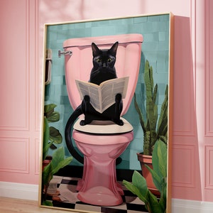 Chat noir utilisant les toilettes, chat lisant un journal, oeuvre d'art déco pour la salle de bain, peinture chat amusante, cadeaux pour les amoureux des chats | Tailles d'impression papier 5 x 7 - 61 x 36 pouces