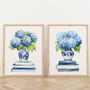 Blue Hydrangeas in Chinoiserie, Hamptons Style Flower Bouquets in Blue and White China, Gifts for Book Lovers | Paper prints 5x7 - 24x36 in