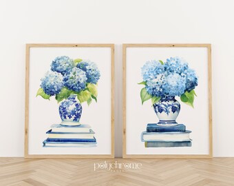 Blue Hydrangeas in Chinoiserie, Hamptons Style Flower Bouquets in Blue and White China, Gifts for Book Lovers | Paper prints 5x7 - 24x36 in