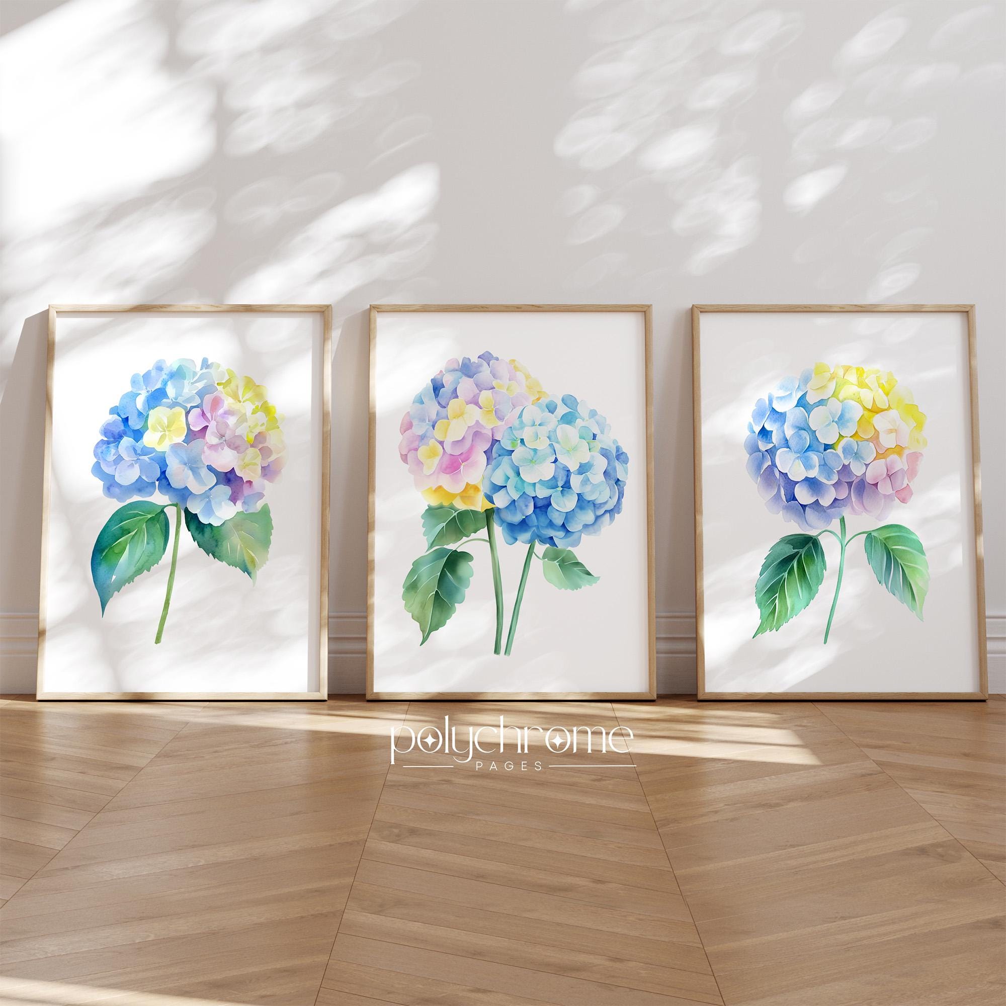 Blue Pink and Yellow Hydrangeas Flowers, Hamptons Style Grandmillennial Decor Watercolor Hortensia Bouquet | Paper prints 5x7 - 24x36 in – image 1