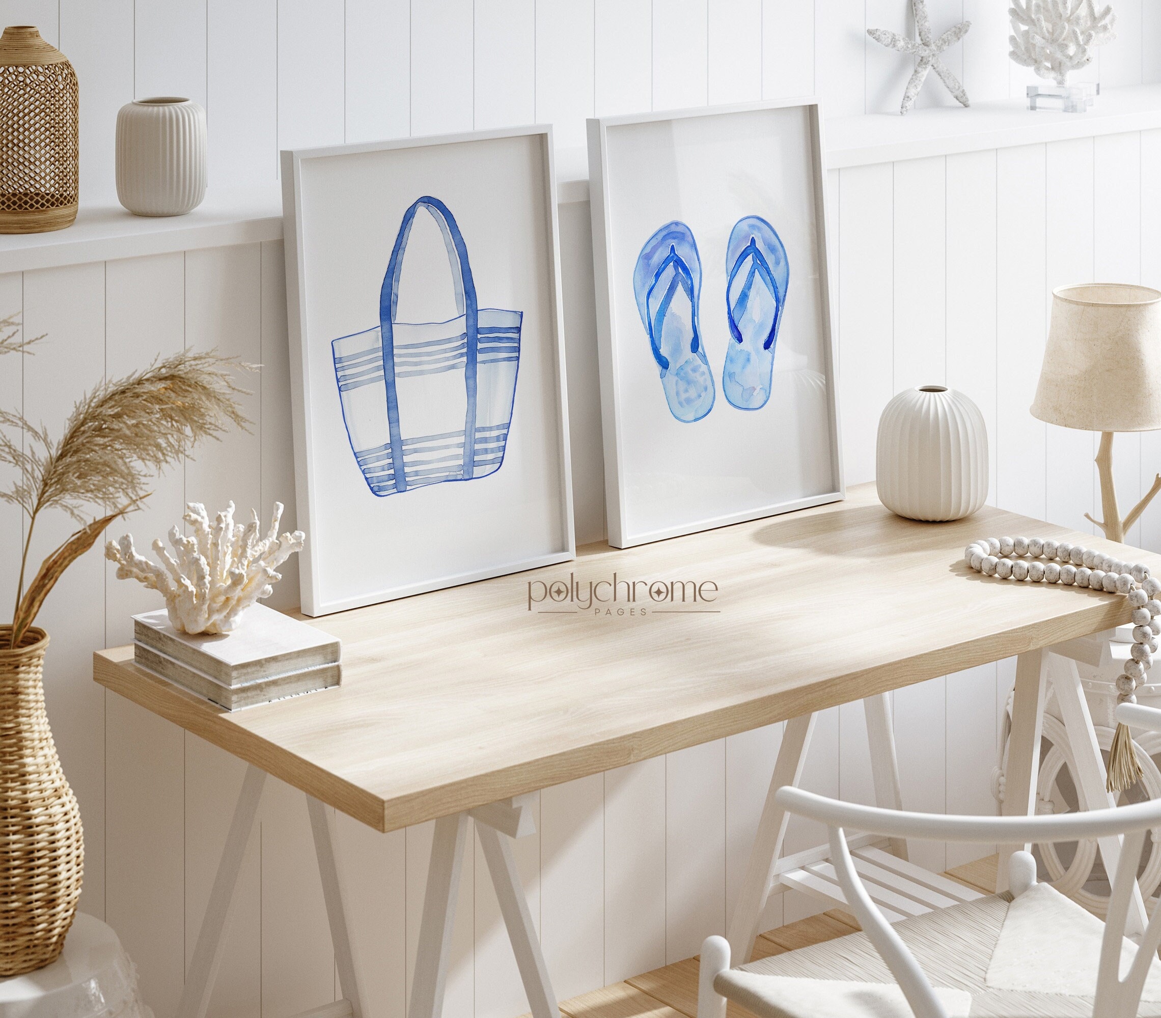 Summer Accessories: Beach Bag and Flip Flops in Sky Blue, Coastal Beachy Decor Watercolor Art | Paper Print Sizes 5x7 - 24x36 in – image 1