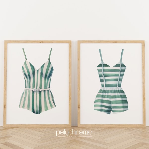 Striped Painted Swimsuits, Vintage Summer Painting, White and Sage Green Aesthetic Art, Lake House Decor | Paper Print Sizes 5x7 - 24x36 in