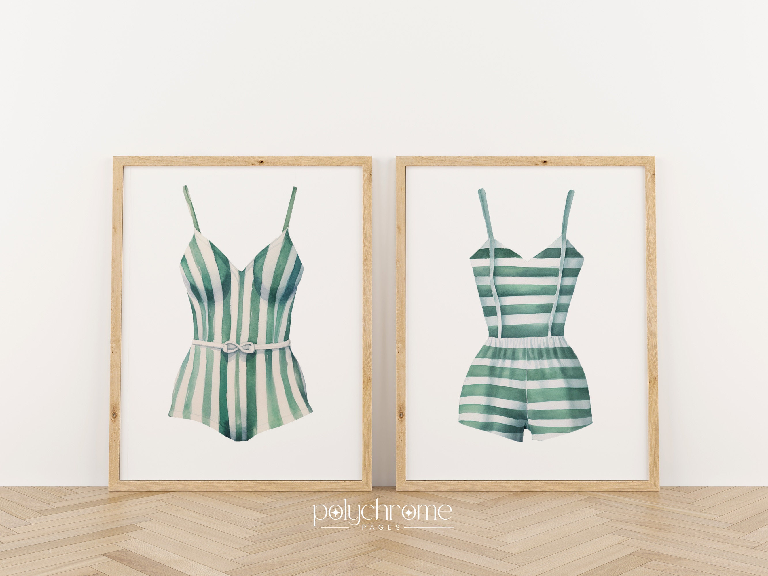 Striped Painted Swimsuits, Vintage Summer Painting, White and Sage Green Aesthetic Art, Lake House Decor | Paper Print Sizes 5x7 - 24x36 in – image 1