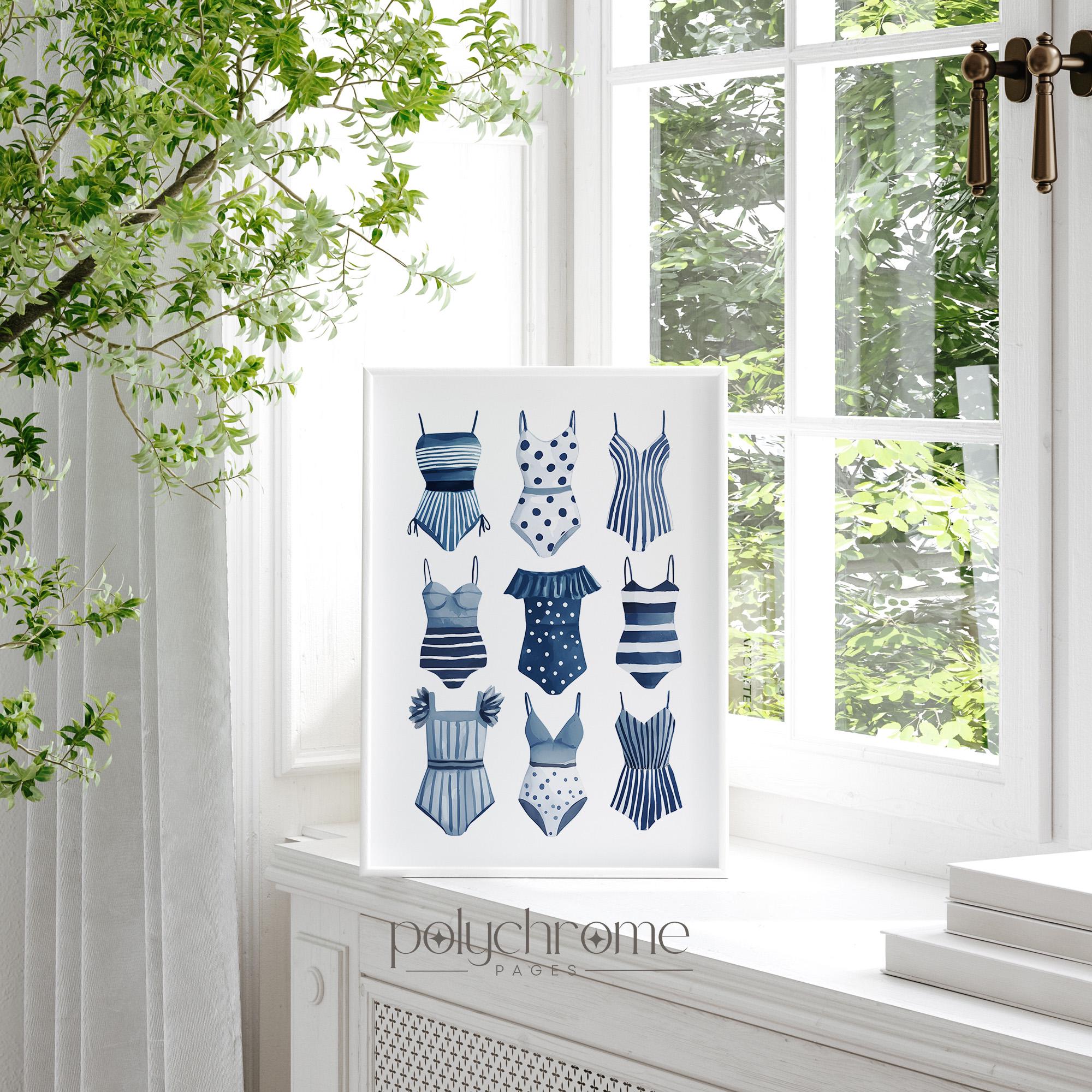 Swimsuits Lineup in Navy Blue, A Variety of Swimwear for Laundry Room, Lake House Pool Bathroom Watercolor Art | Paper Print 5x7-24x36 in – image 1