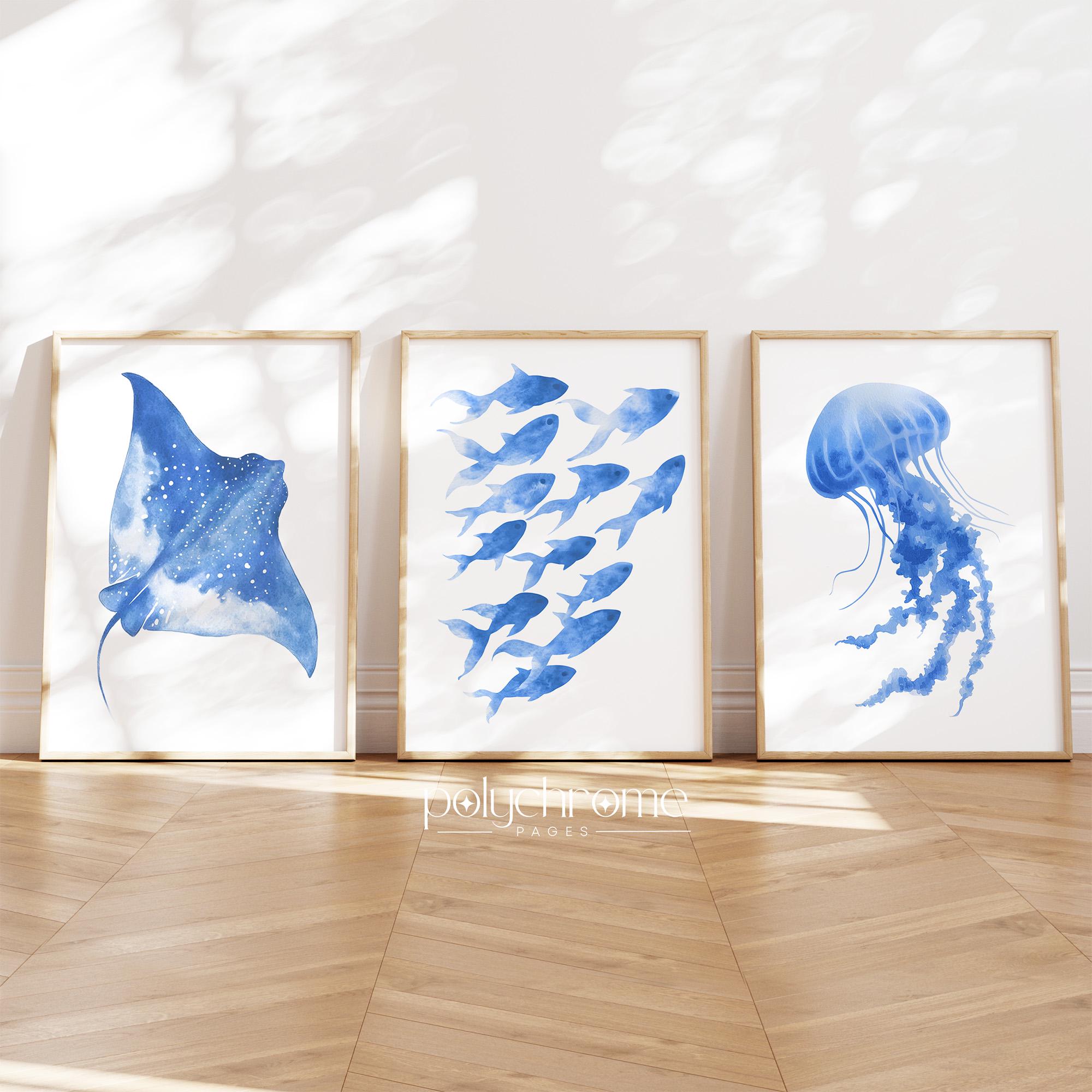 Stingray, Fish and Jellyfish Sea life in Ocean Blue, Vacation Rental Decor, Pool Watercolor Coastal Wall Art | Paper Prints 5x7 - 24x36in – image 1
