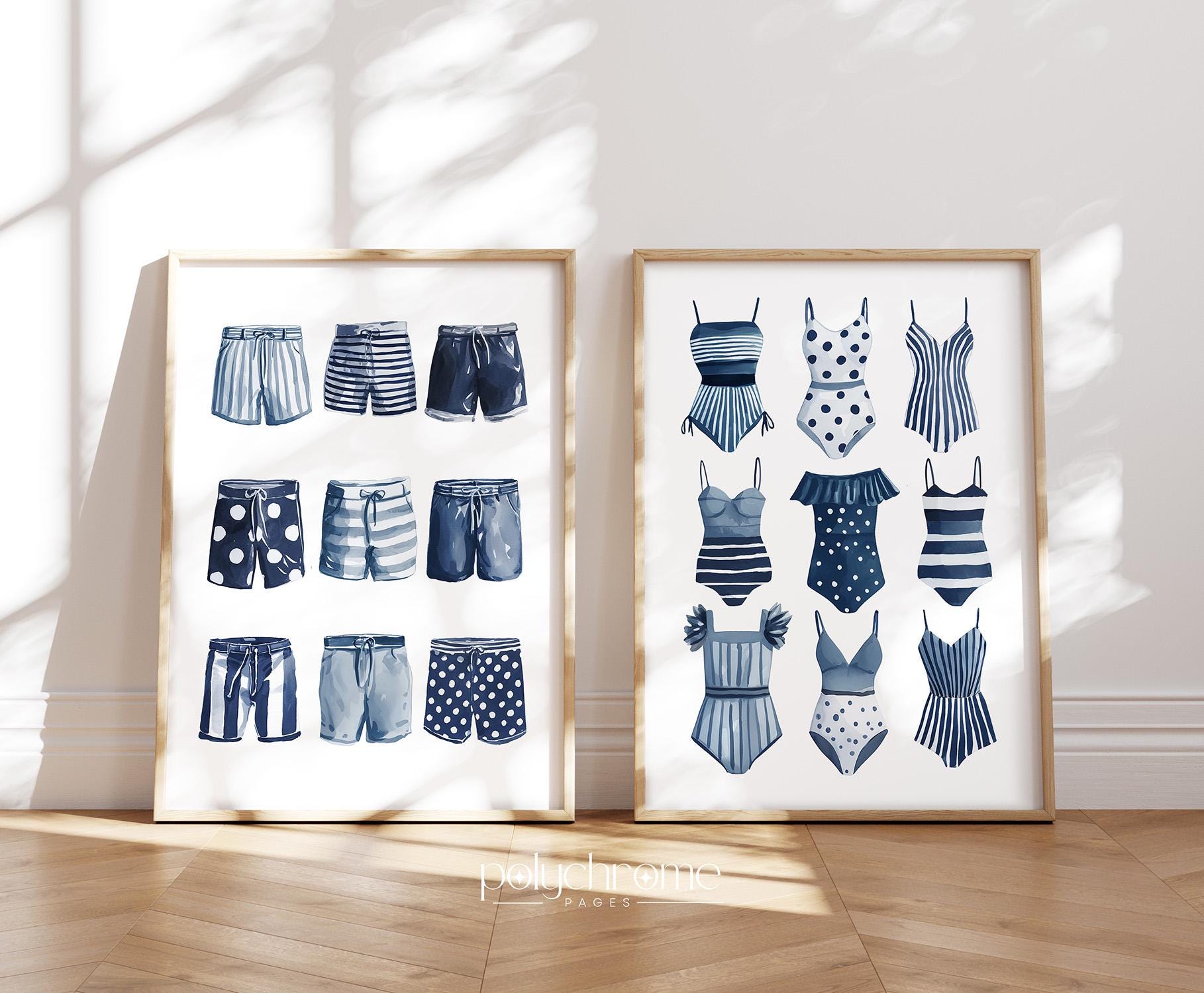 Swimwear Lineup in Navy Blue, A Variety of Swimsuits and Trunks for Laundry Room, Lake House Pool Bathroom Art | Paper Print 5x7 - 24x36 in – image 1