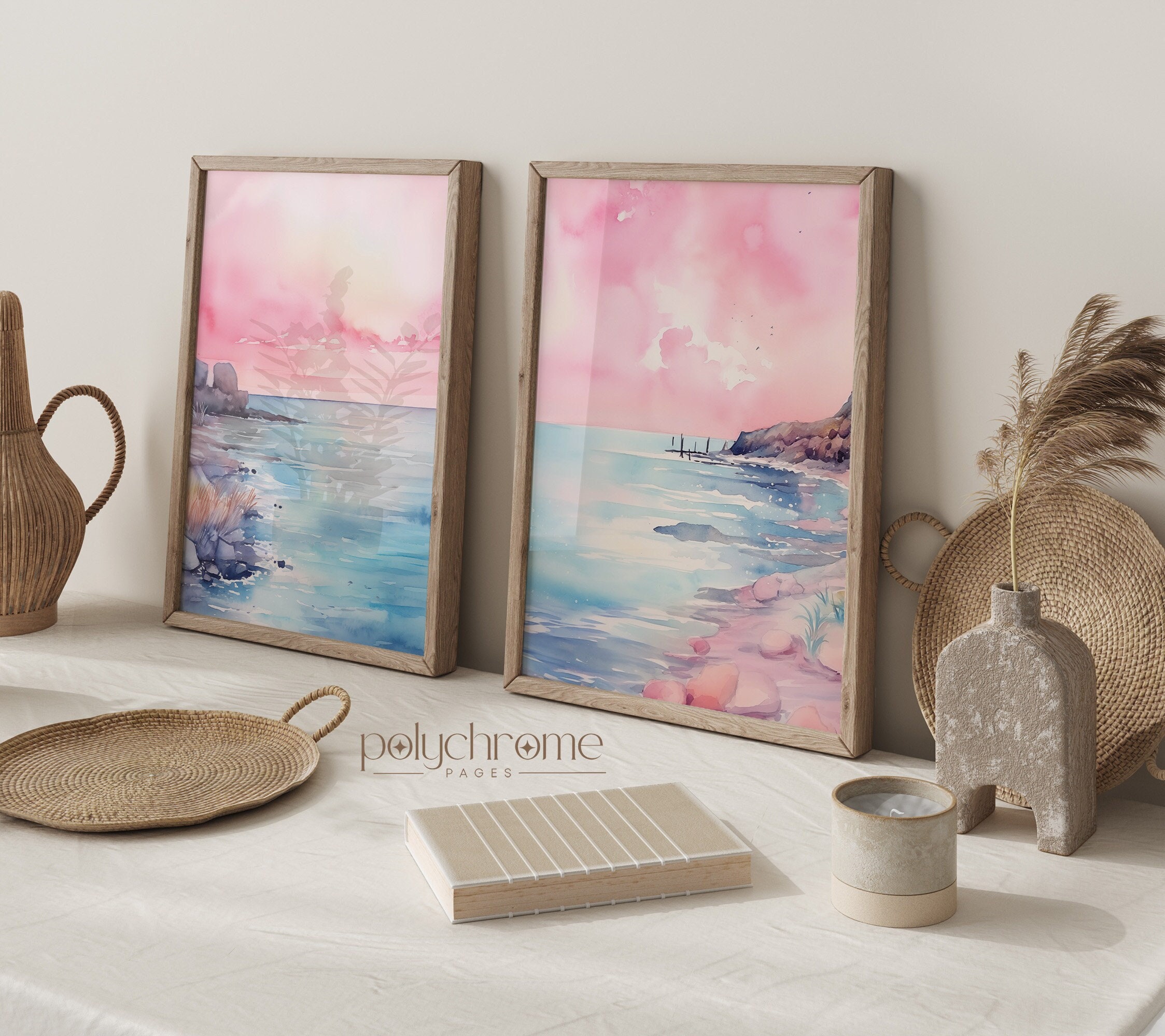 Beach Landscape Paintings, Pink and Blue Coastal Ocean Painting Set of Sea Landscapes Wall Art | Paper prints 5x7 - 24x36 in – image 1