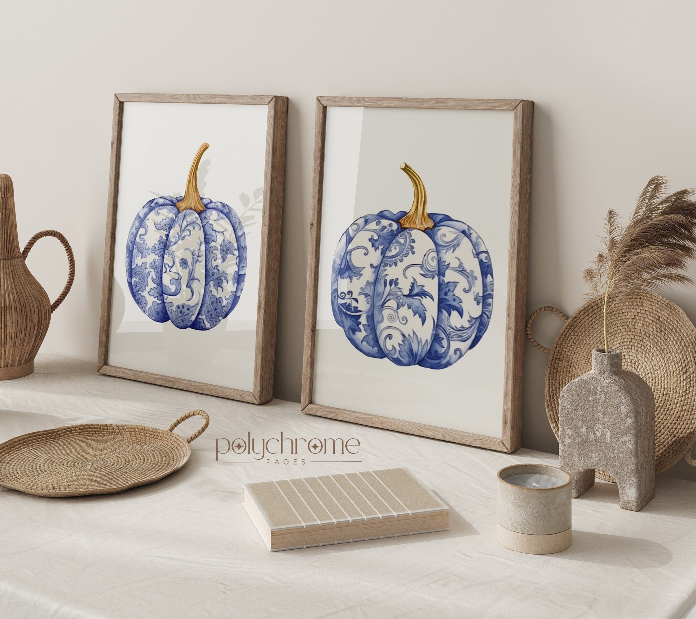 Chinoiserie Pumpkin Art, Hamptons Style Autumn Aestetic Fall Paintings, Cottagecore Blue and White China | Paper Print Sizes 5x7 - 24x36 in – image 1