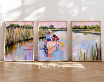 Woman on Boat on a Lake, Boating Lake House Landscape in Pastel Pink, Canoe Kayak Painting | Paper prints 5x7 - 24x36 in