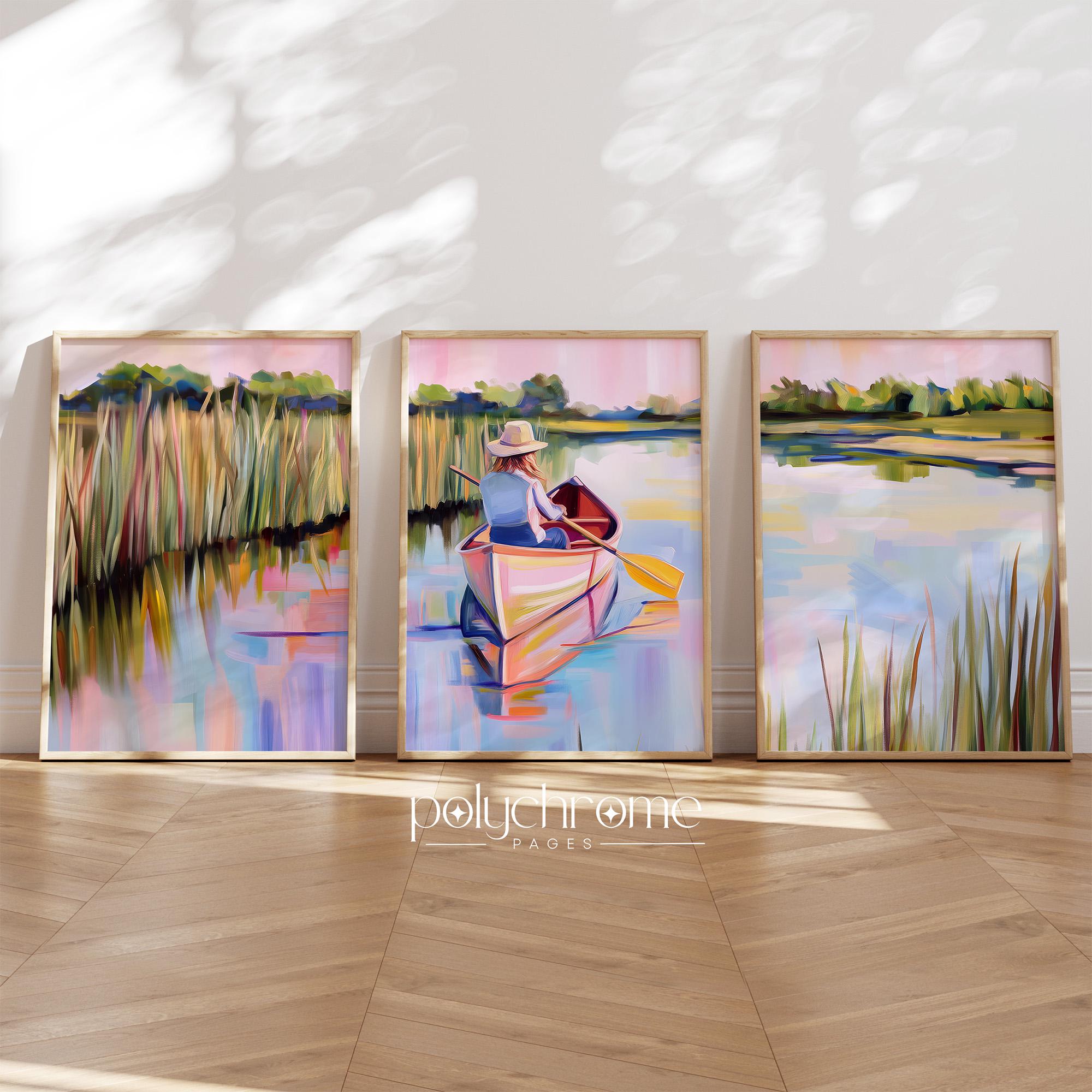 Woman on Boat on a Lake, Boating Lake House Landscape in Pastel Pink, Canoe Kayak Painting | Paper prints 5x7 - 24x36 in – image 1