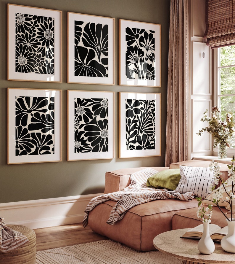 Minimal aesthetic black and white art - Flower illustration abstractionism artworks - set of 6 | Printable Wall Art sizes 8x10 - 24x36in image 1