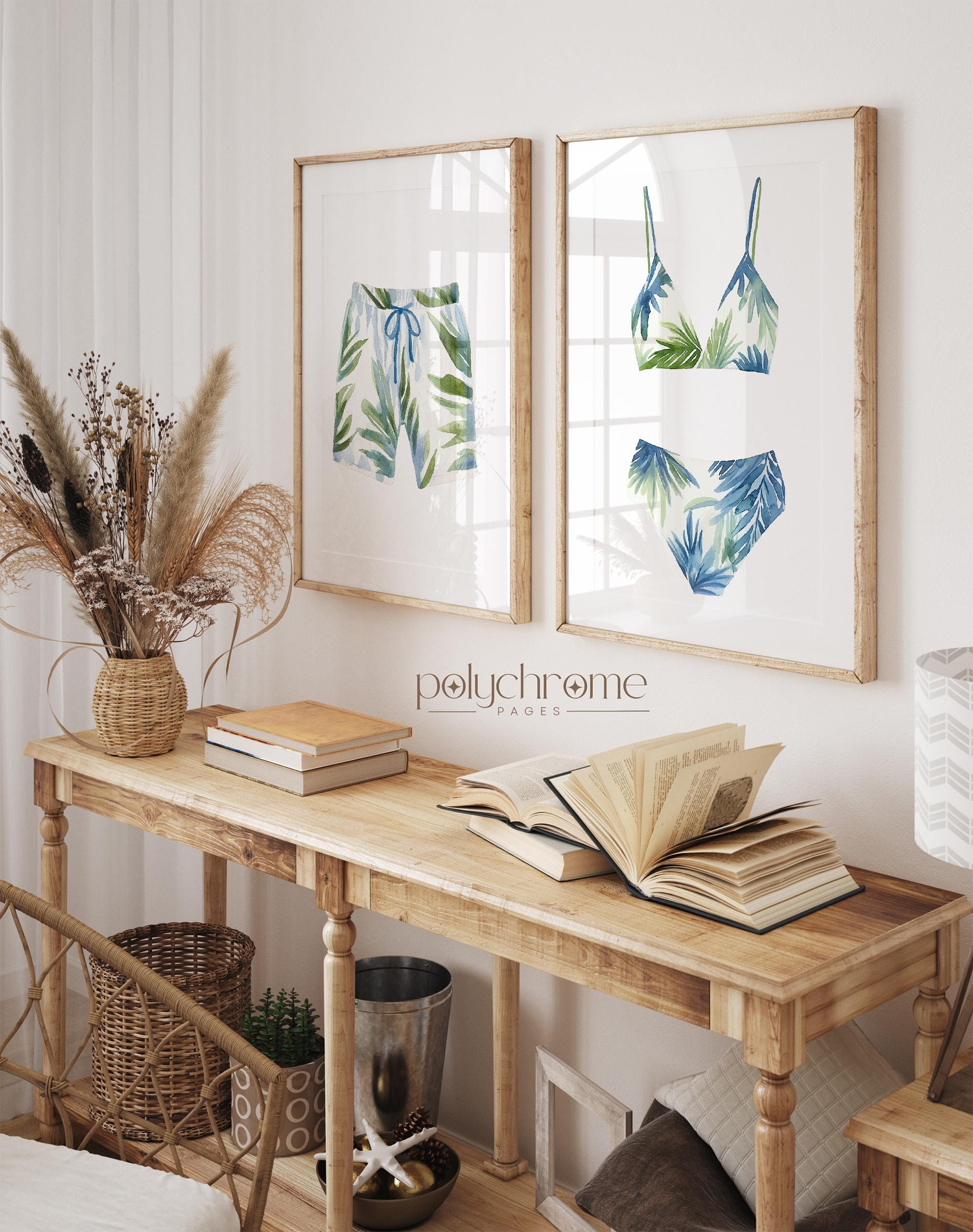 Green and Blue Tropical Swimsuit and Trunks for Coastal Laundry Room, Lake House Pool Bathroom Art | Paper Print 5x7 - 24x36 in – image 1
