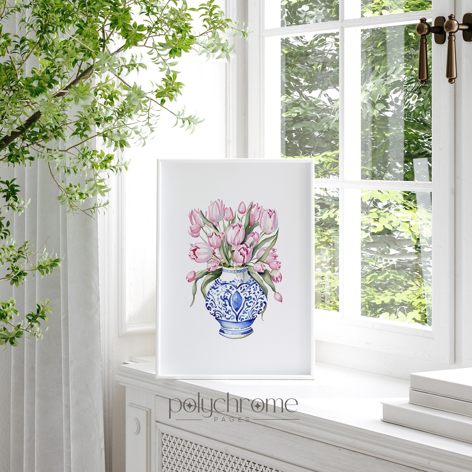 Tulips in Chinoiserie, Cottagecore Grandmillennial Hamptons Style Pink Flower Bouquet in Blue and White China | Paper prints 5x7 - 24x36 in – image 1