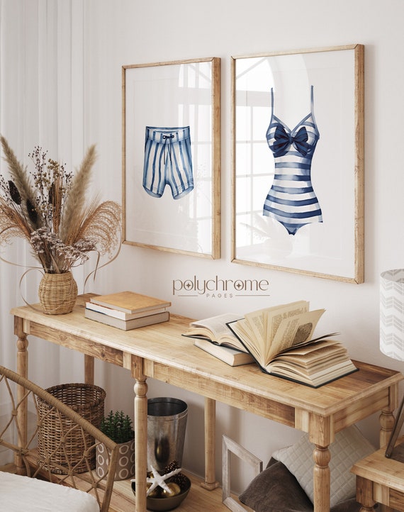 Striped Painted Swimsuits, Vintage Summer Painting, White and Blue Wall Art, Lake House Decor Art | Paper Print Sizes 5x7 - 24x36 in