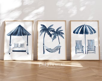 Striped Hammock, Beach Umbrella and Cabana in Navy Blue, Vacation Style Bedroom Decor, Coastal Summer Dorm Room Art | Prints 5x7 - 24x36 in