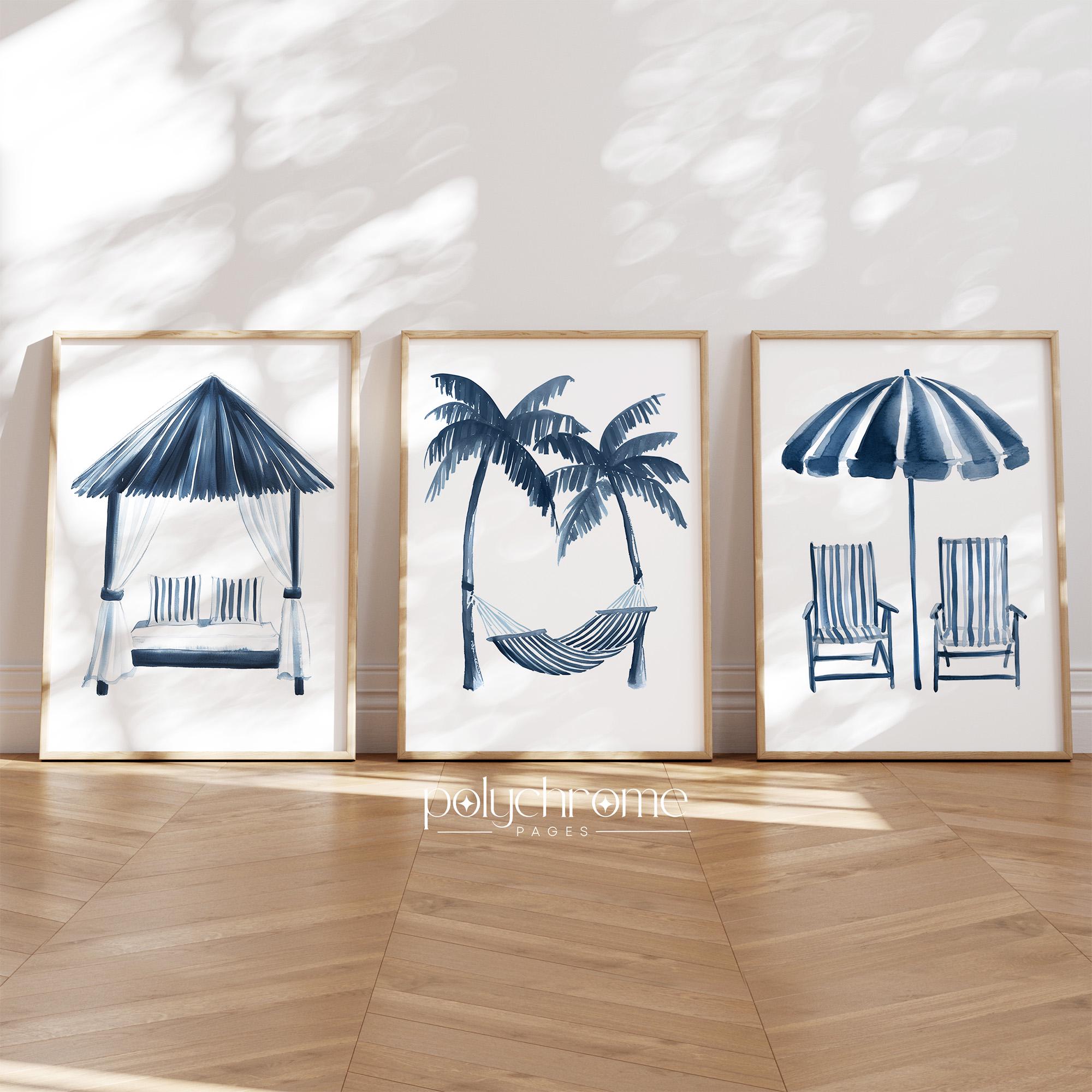 Striped Hammock, Beach Umbrella and Cabana in Navy Blue, Vacation Style Bedroom Decor, Coastal Summer Dorm Room Art | Prints 5x7 - 24x36 in – image 1