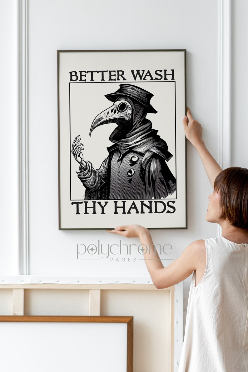 Plague doctor art - Wash Your Hands sign funny bathroom art - Medieval paintings renaissance funny art